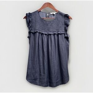 LOFT Women's Smocked Ruffle Polyester Sleeve Flutter Blouse Grey Size M Workwear